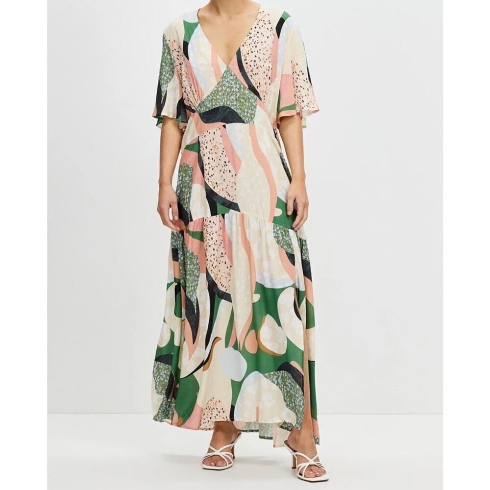 Never Fully Dressed Clover Midi Dress Colorful Abstract Print V‑Neck Batwing 6